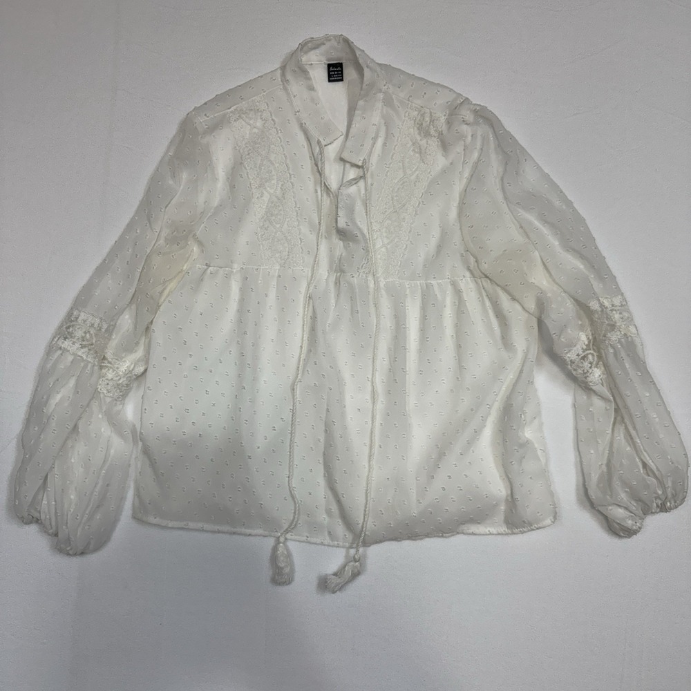 Salanta Size L Ivory Swiss Dot Lace Peasant Blouse Boho Cottagecore Tie Neck Top